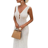 LIZAKOSHT  -  Solid Color Hollow Knitted Beach Vacation Dress Elegant Sleeveless Skinny Cover-up Dress Women Sexy Perspective Swimwear Dress